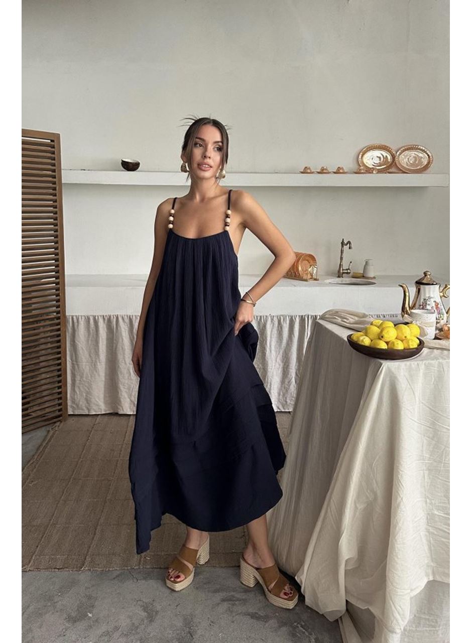 Lacivert Askılı Müslin Elbise