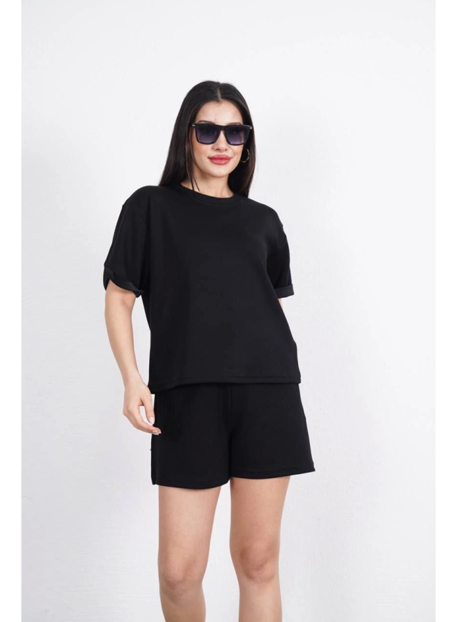 Osy Modal Yumuşak Dokulu Kumaş Bisiklet Yaka T-shirt Kısa Şort İkili Takım - Siyah