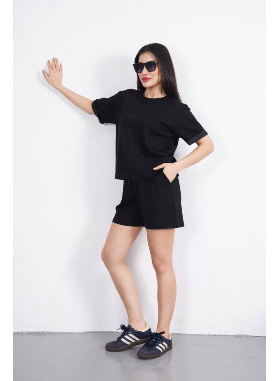 Osy Modal Yumuşak Dokulu Kumaş Bisiklet Yaka T-shirt Kısa Şort İkili Takım - Siyah