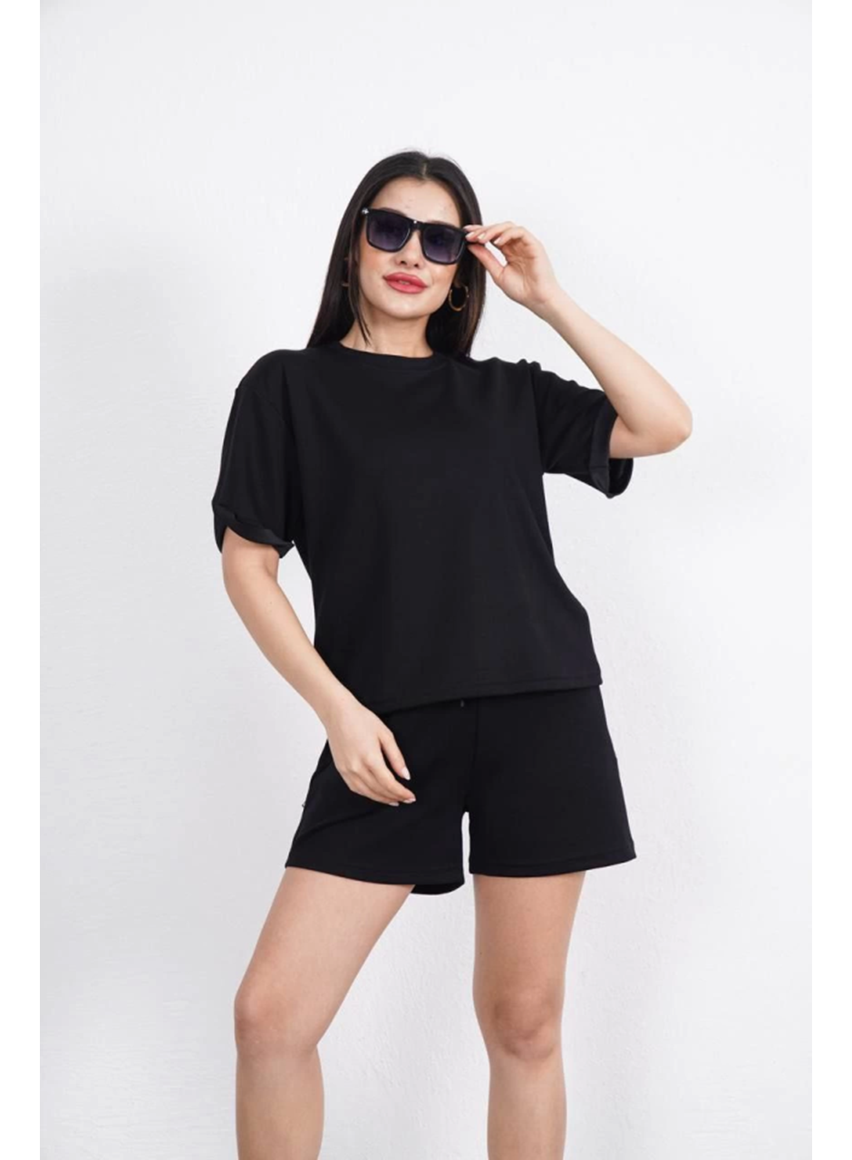 Osy Modal Yumuşak Dokulu Kumaş Bisiklet Yaka T-shirt Kısa Şort İkili Takım - Siyah