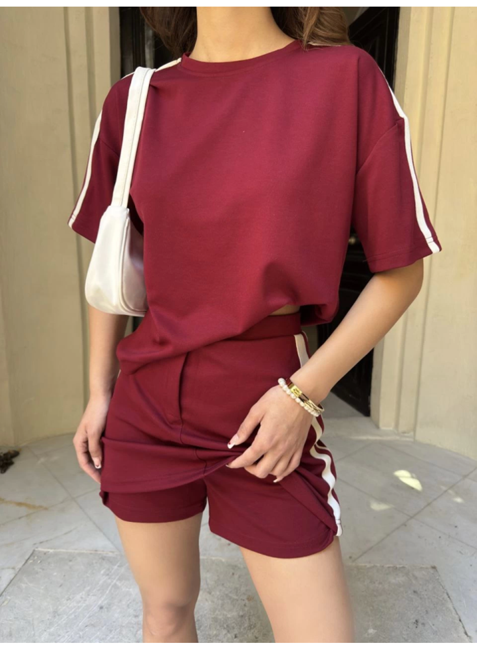 Osy Modal Yumuşak Dokulu Kumaş Parçalı Bisiklet Yaka T-shirt Mini Şortlu Etek İkili Takım -Bordo