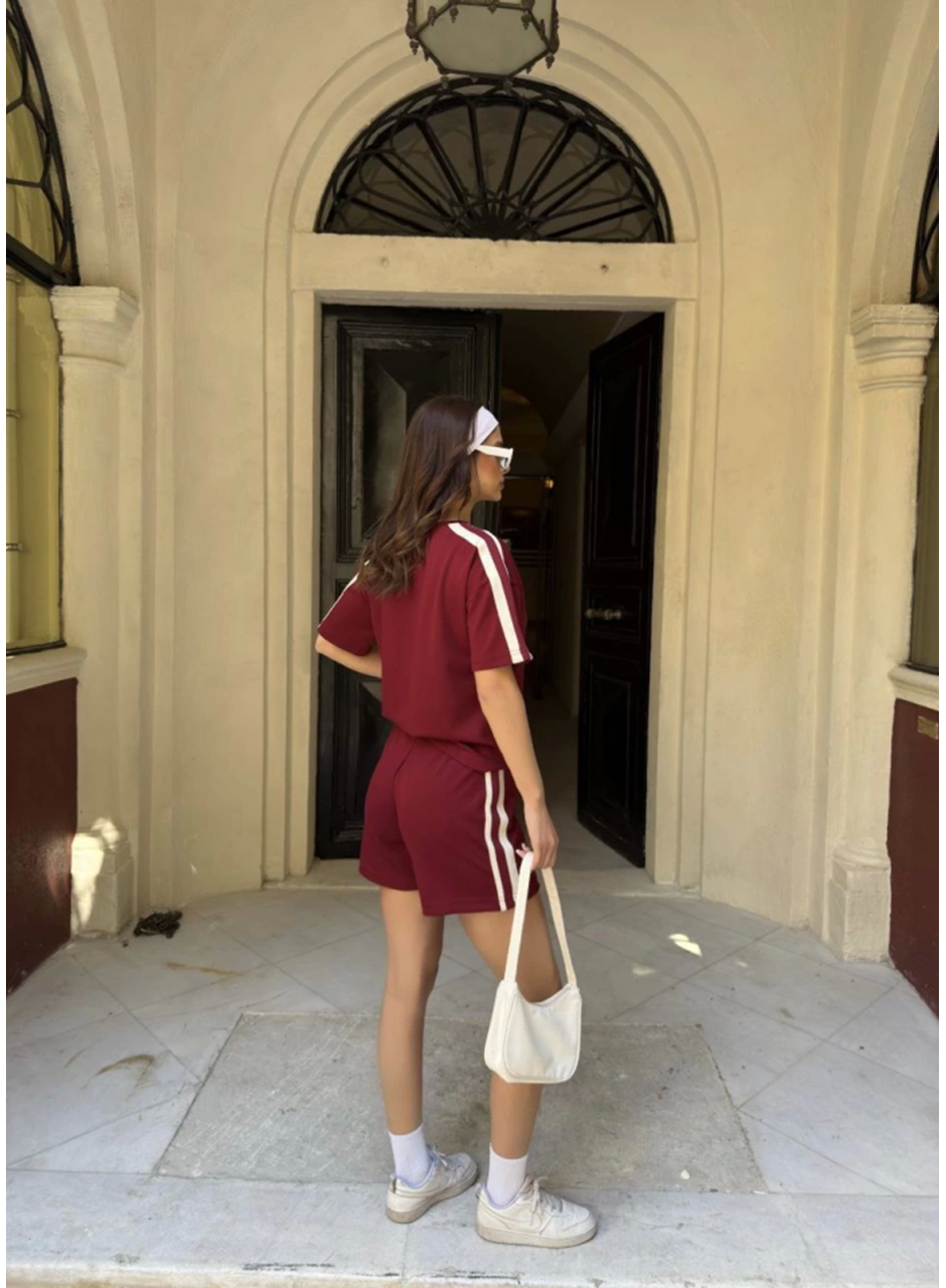 Osy Modal Yumuşak Dokulu Kumaş Parçalı Bisiklet Yaka T-shirt Mini Şortlu Etek İkili Takım -Bordo