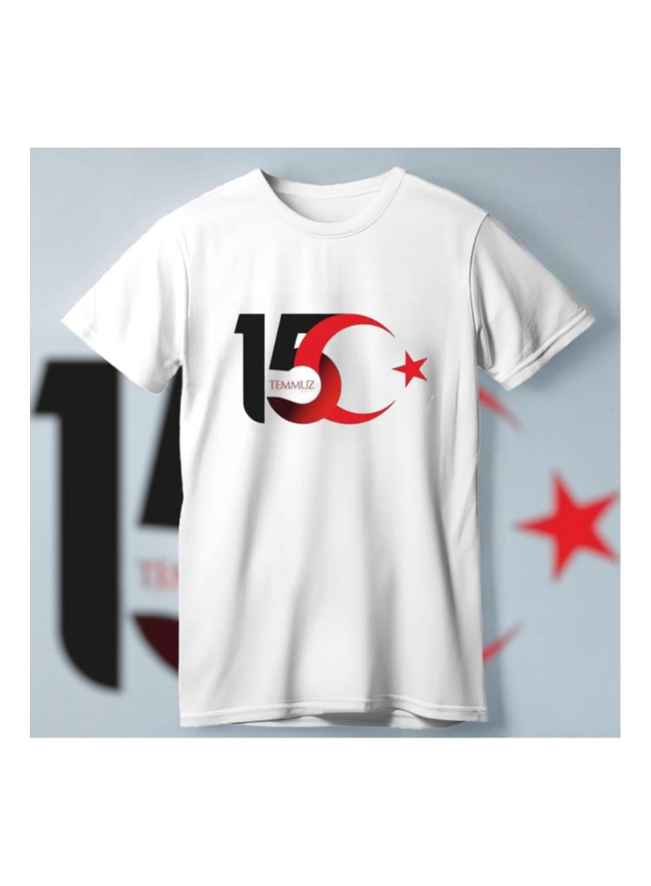 15 Temmuza Özel Tasarım Ay Yıldız Baskılı T-shirt - Beyaz