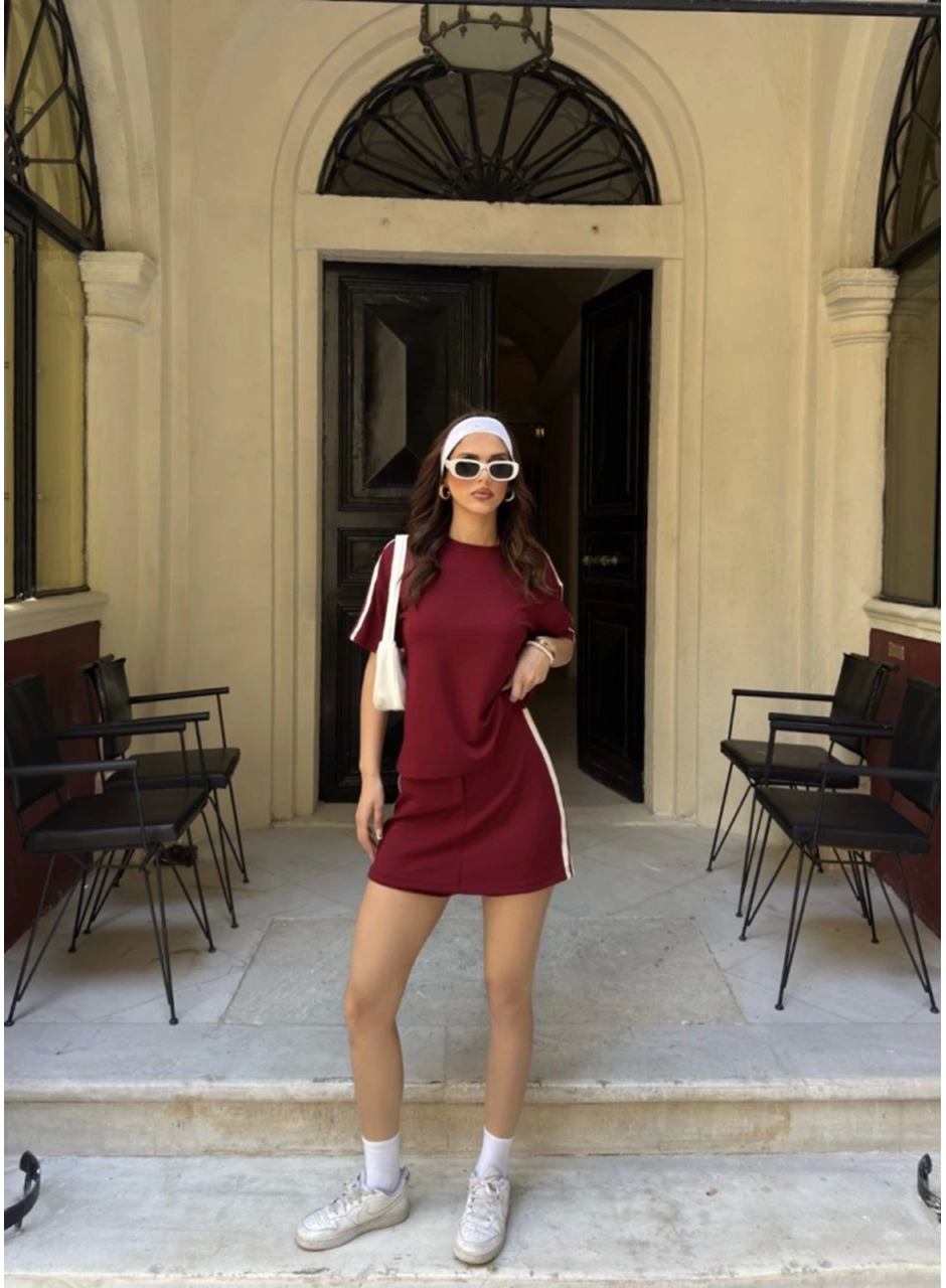 Osy Modal Yumuşak Dokulu Kumaş Parçalı Bisiklet Yaka T-shirt Mini Şortlu Etek İkili Takım -Bordo