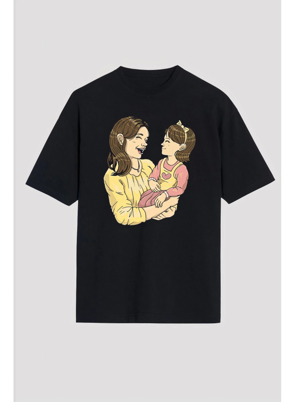 Anneler Gününe Özel Tasarım Anne Kız Baskılı T-shirt - Siyah