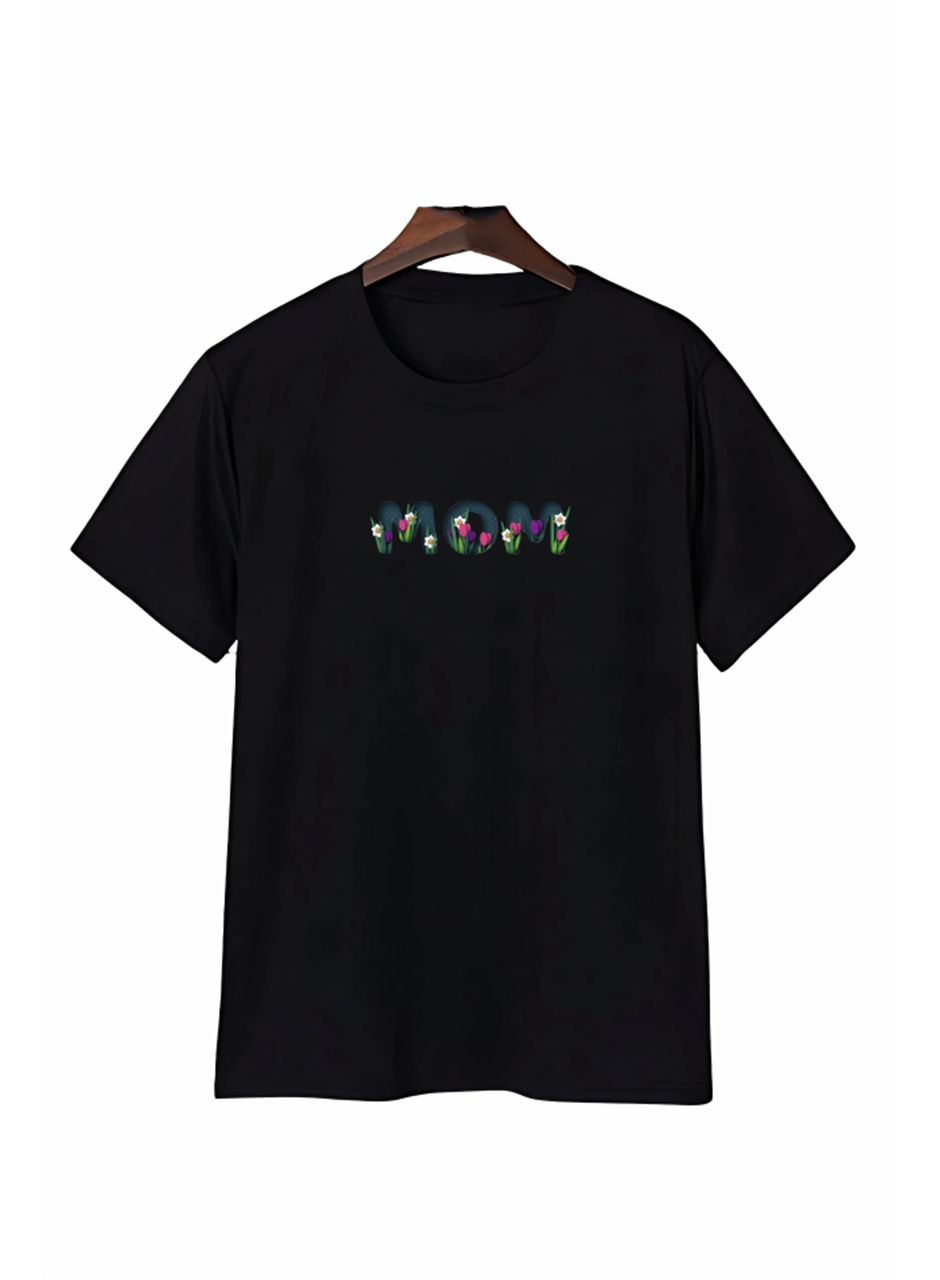 Anneler Gününe Özel Tasarım Mom Çiçek Baskılı T-shirt - Siyah