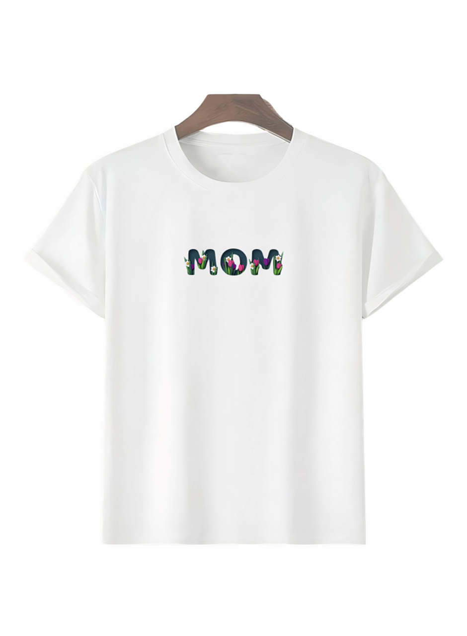 Anneler Gününe Özel Tasarım Mom Çiçek Baskılı T-shirt - Beyaz