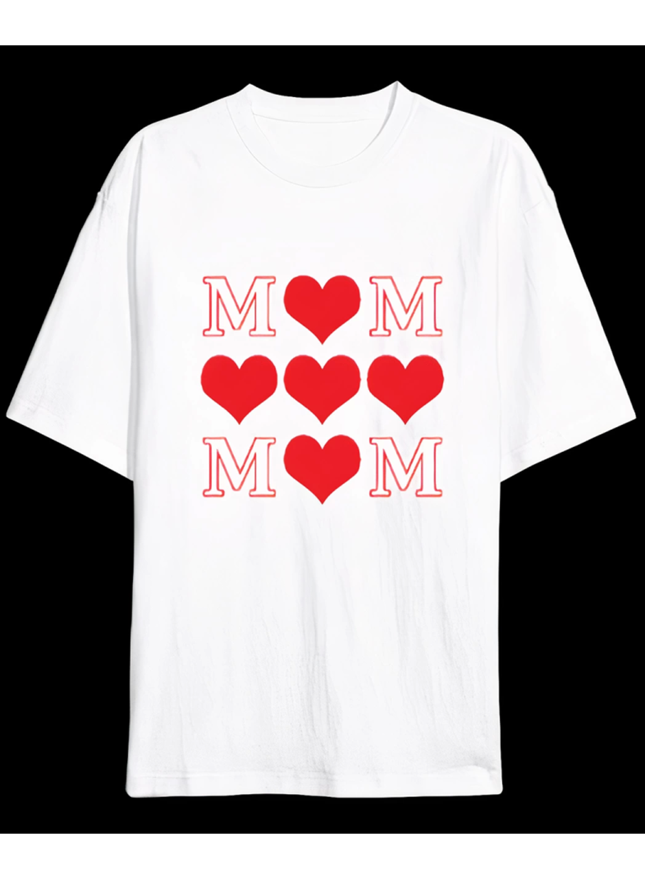 Anneler Gününe Özel Tasarım MOM Kalp Baskılı T-shirt - Beyaz