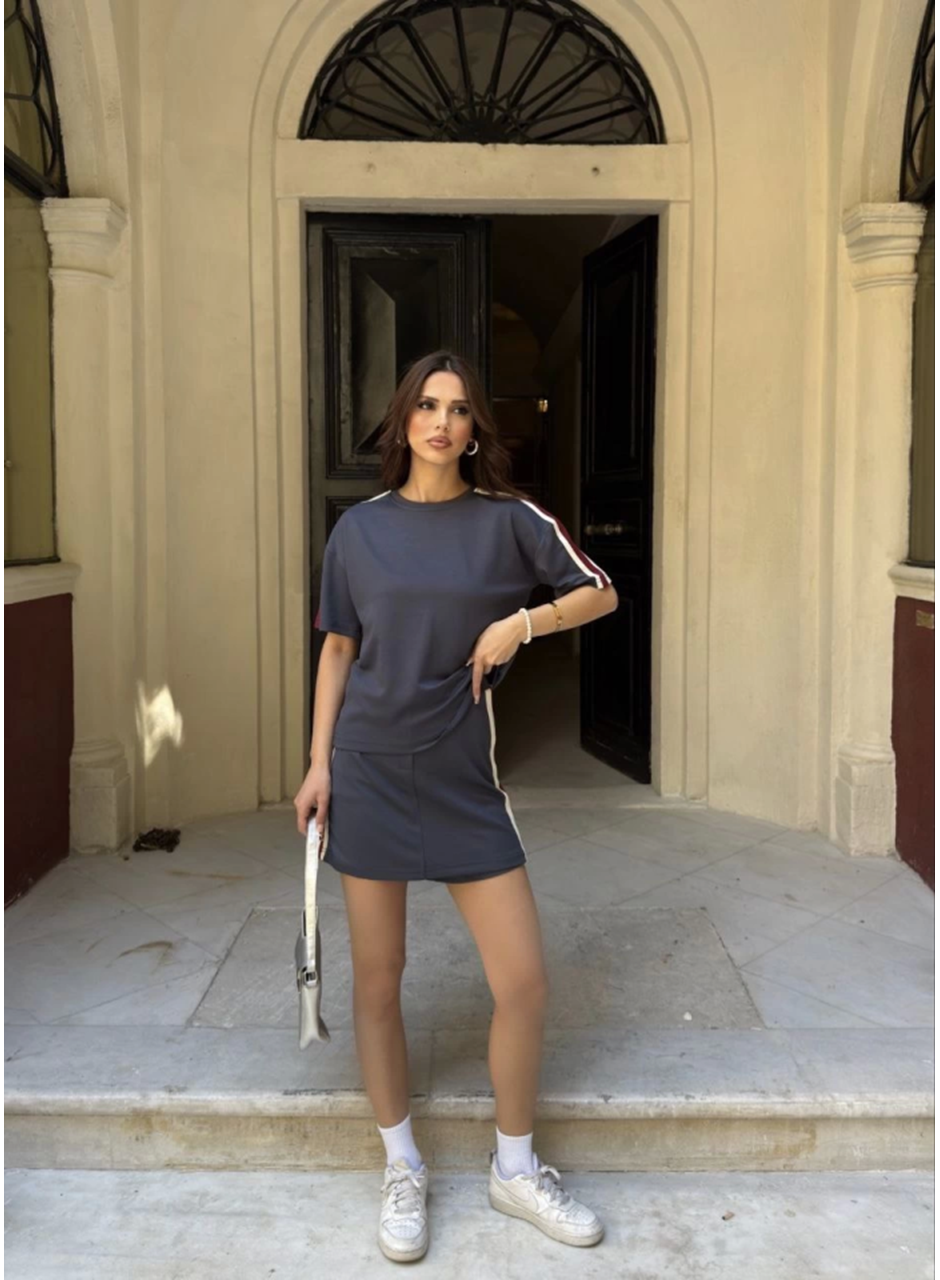 Osy Modal Yumuşak Dokulu Kumaş Parçalı Bisiklet Yaka T-shirt Mini Şortlu Etek İkili Takım - Füme