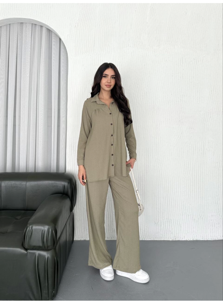 Yakalı Düğmeli Uzun Kollu Gömlek Pantolon Ikili Takım - Bej