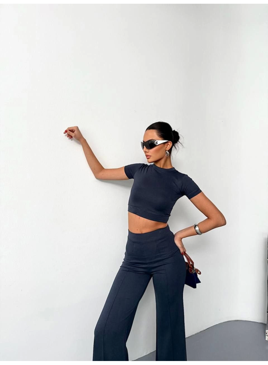 Osy Modal Yumuşak Dokulu Kumaş Kısa Kollu Crop Alt Ispanyol Paça Pantalon Ikili Takım - Füme