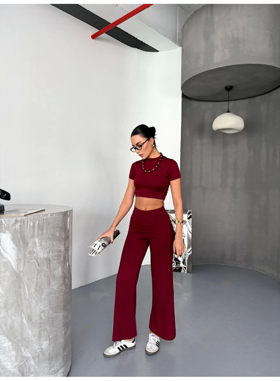 Osy Modal Yumuşak Dokulu Kumaş Kısa Kollu Crop Alt Ispanyol Paça Pantalon Ikili Takım - Bordo