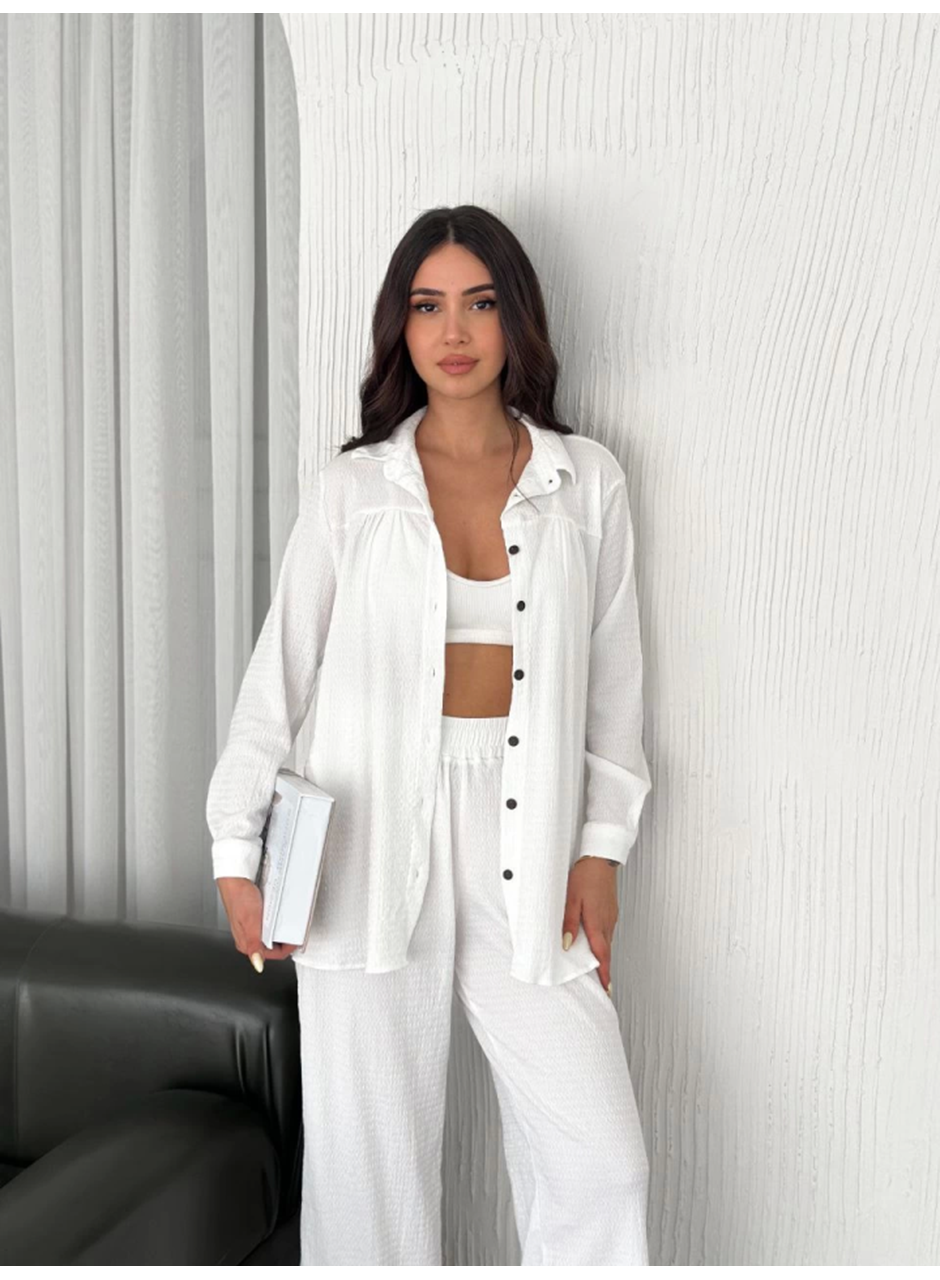 Yakalı Düğmeli Uzun Kollu Gömlek Pantolon Ikili Takım - Beyaz