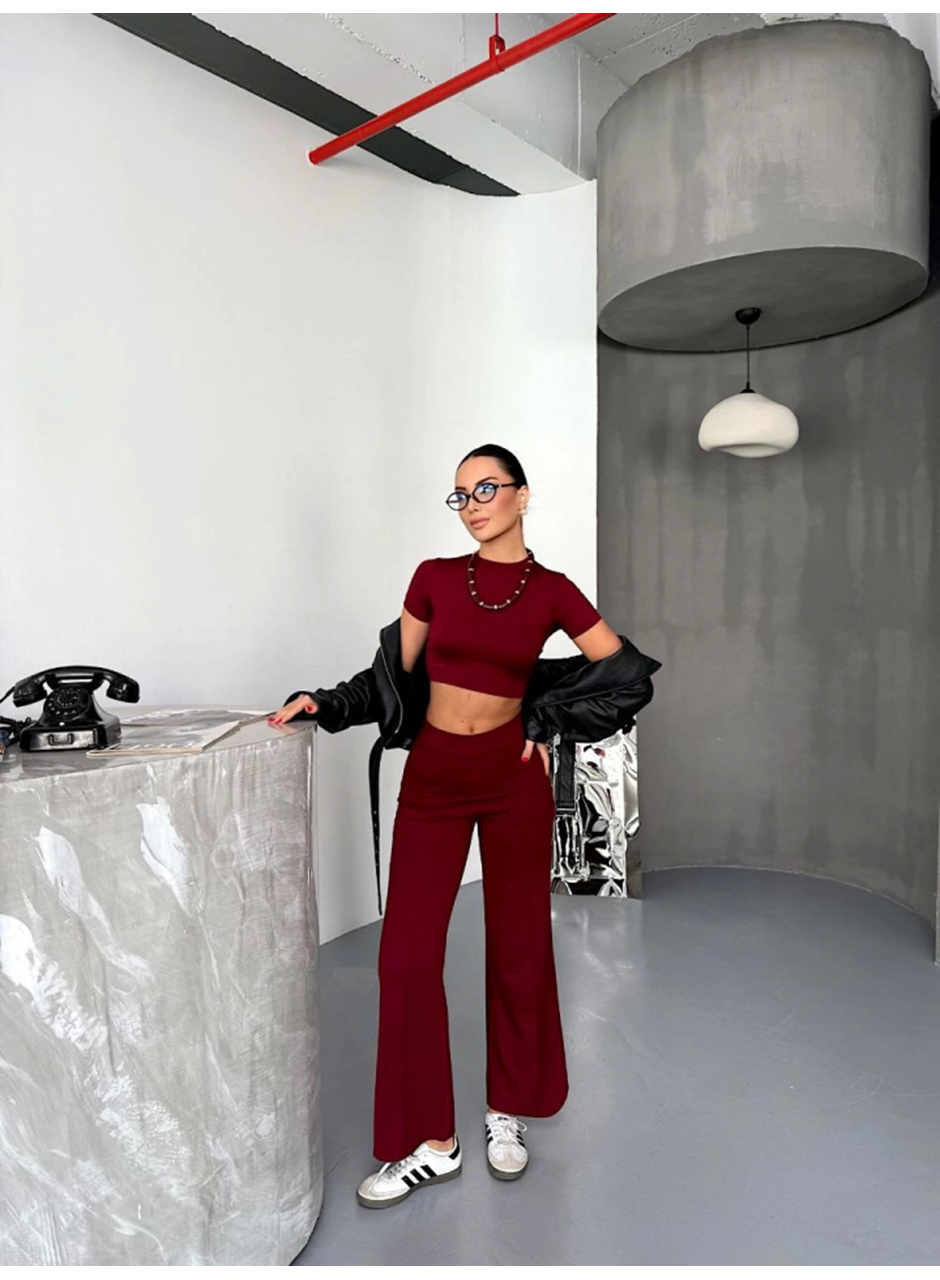 Osy Modal Yumuşak Dokulu Kumaş Kısa Kollu Crop Alt Ispanyol Paça Pantalon Ikili Takım - Bordo