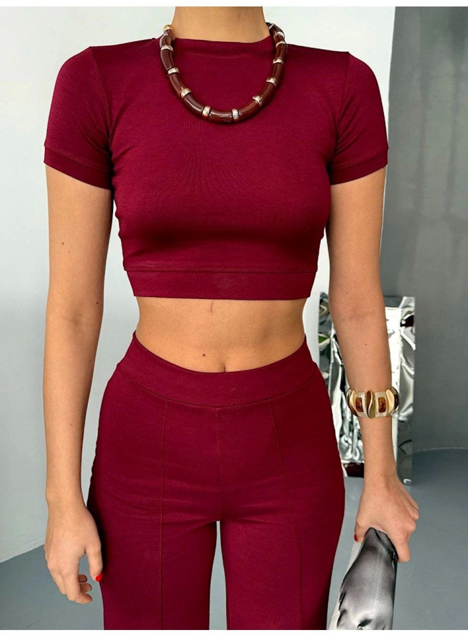 Osy Modal Yumuşak Dokulu Kumaş Kısa Kollu Crop Alt Ispanyol Paça Pantalon Ikili Takım - Bordo