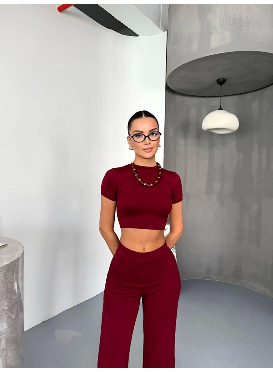 Osy Modal Yumuşak Dokulu Kumaş Kısa Kollu Crop Alt Ispanyol Paça Pantalon Ikili Takım - Bordo