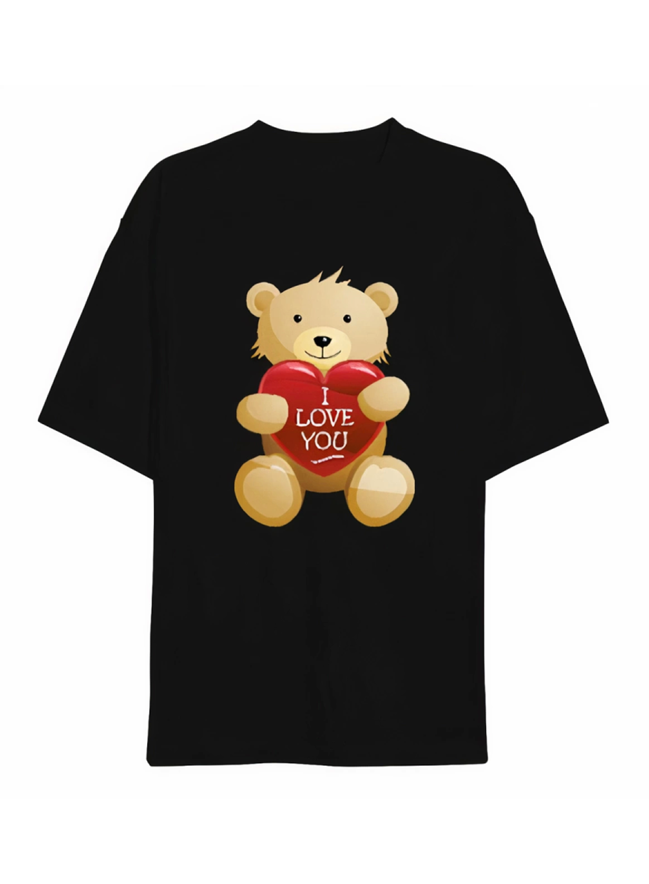 Sevgililer Günü İçin Özel Tasarım I Love You Ayı Baskılı T-shirt - Siyah