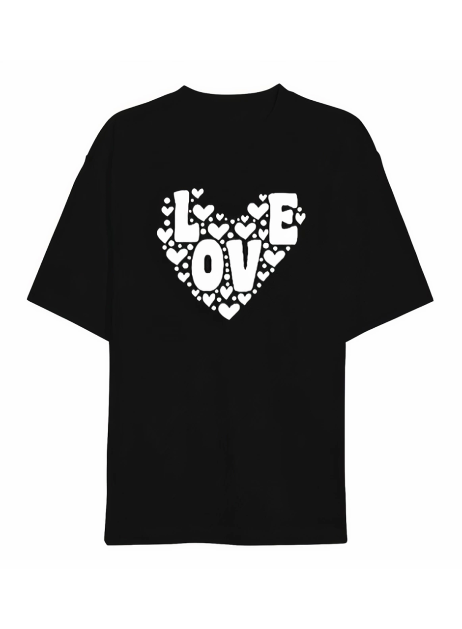 Sevgililer Günü İçin Özel Tasarım Love Kalp Baskılı T-shirt - Siyah