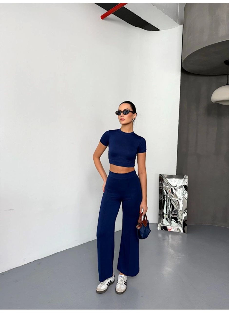 Osy Modal Yumuşak Dokulu Kumaş Kısa Kollu Crop Alt Ispanyol Paça Pantalon Ikili Takım - Lacivert