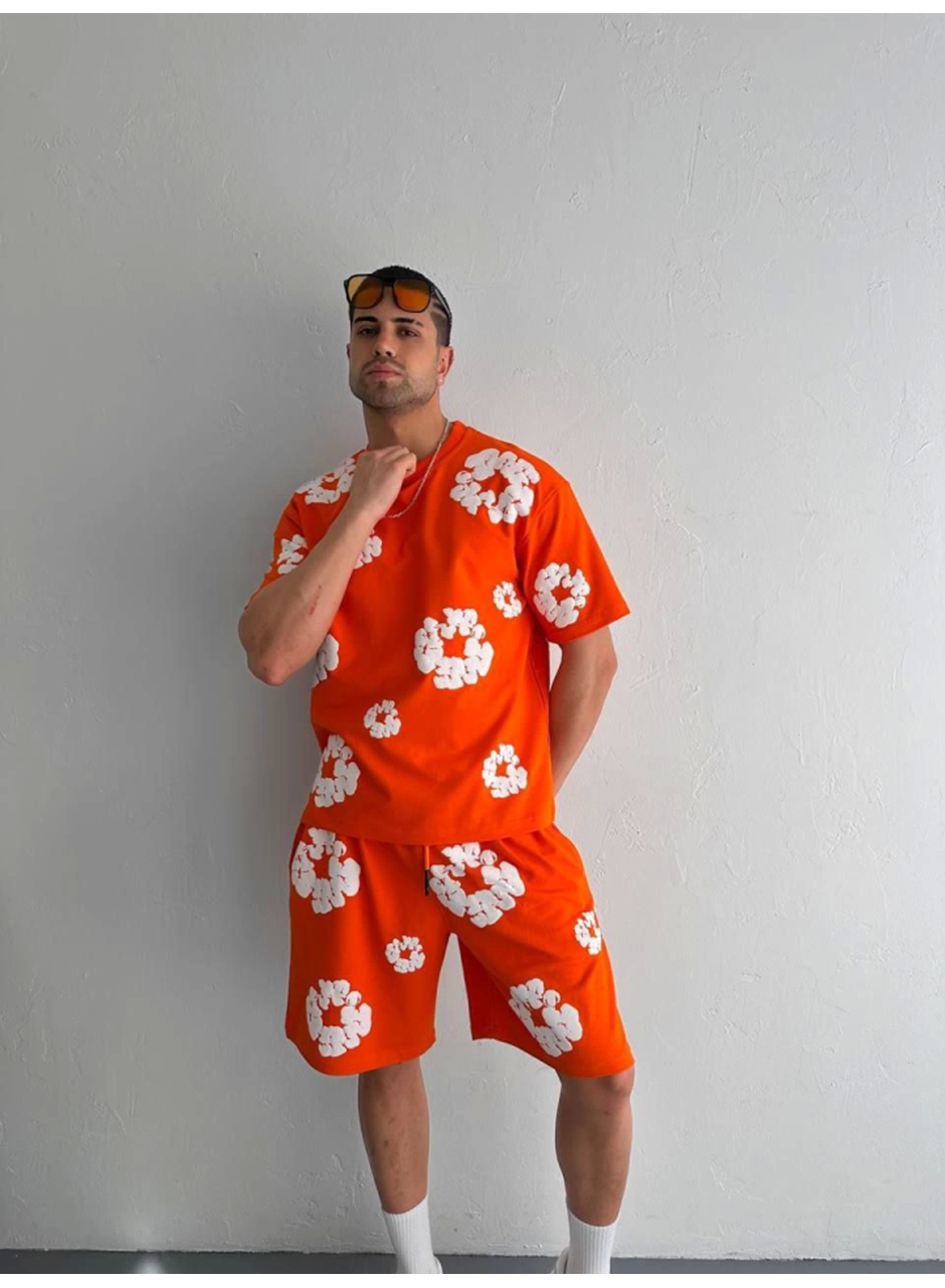 İki İplik Kumaş Baskılı T-shirt Şortlu Takım- Turuncu