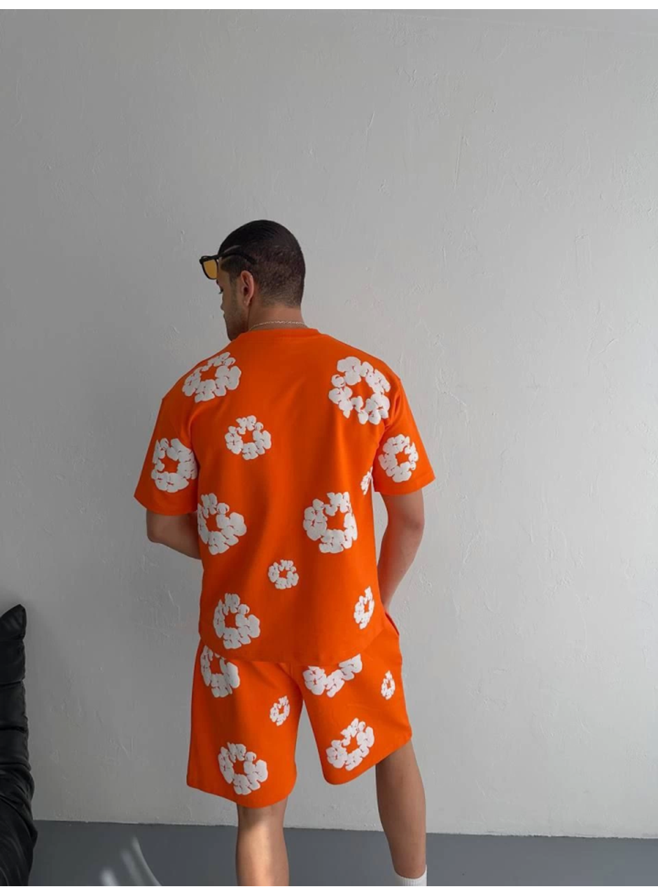 İki İplik Kumaş Baskılı T-shirt Şortlu Takım- Turuncu