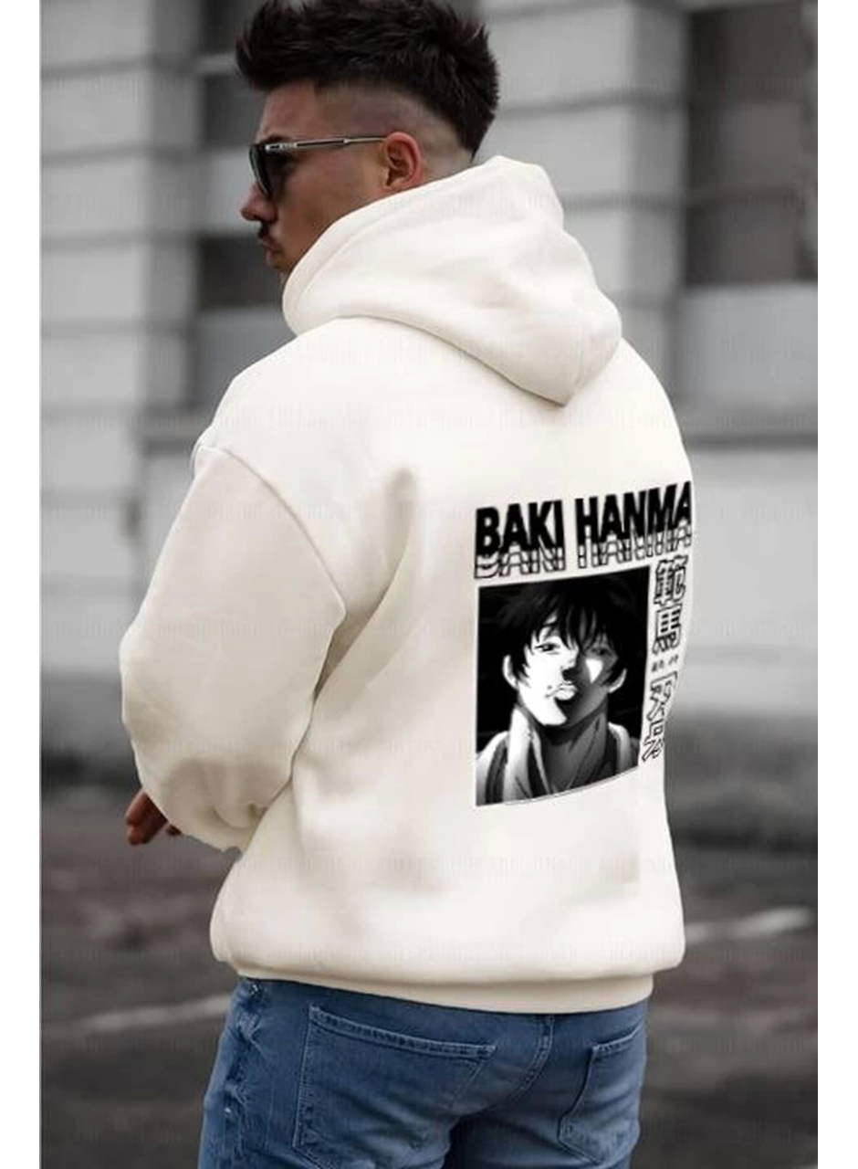 Erkek Baskılı Kapüşonlu Ve Kordon İpli Sweat - Beyaz