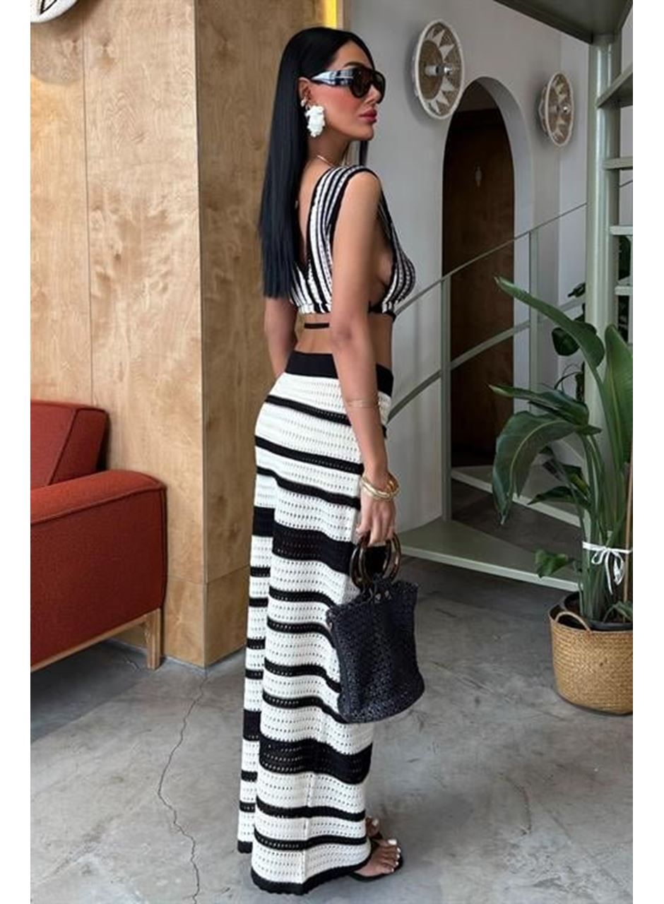 Çizgili Bikini Üst Ve Etek Triko Takım 10110