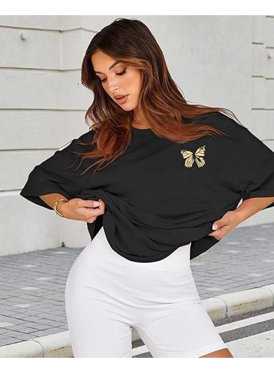 Bisiklet Yaka Baskılı T-shirt - Siyah