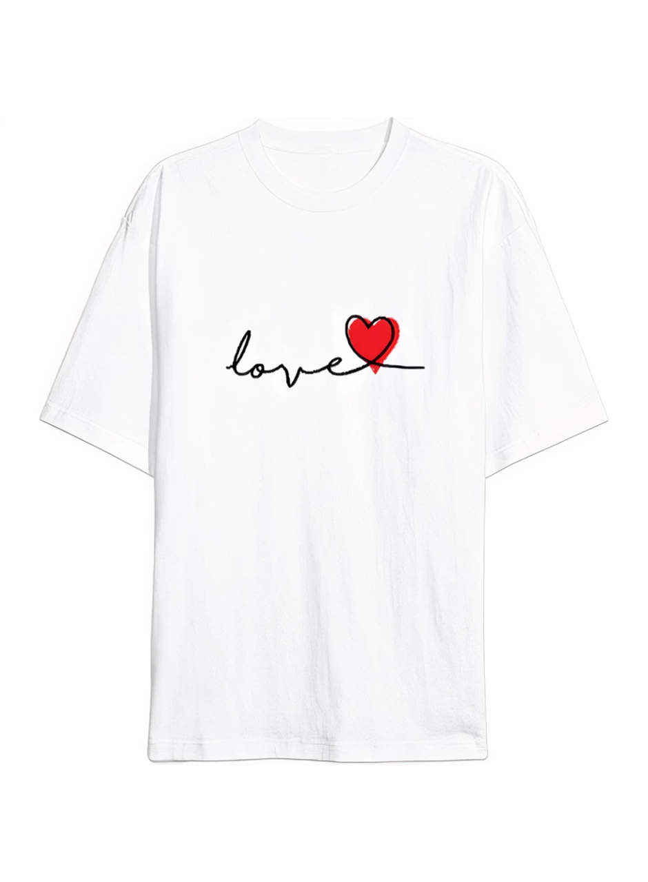 Sevgililer Günü İçin Özel Tasarım Love Baskılı T-shirt - Beyaz