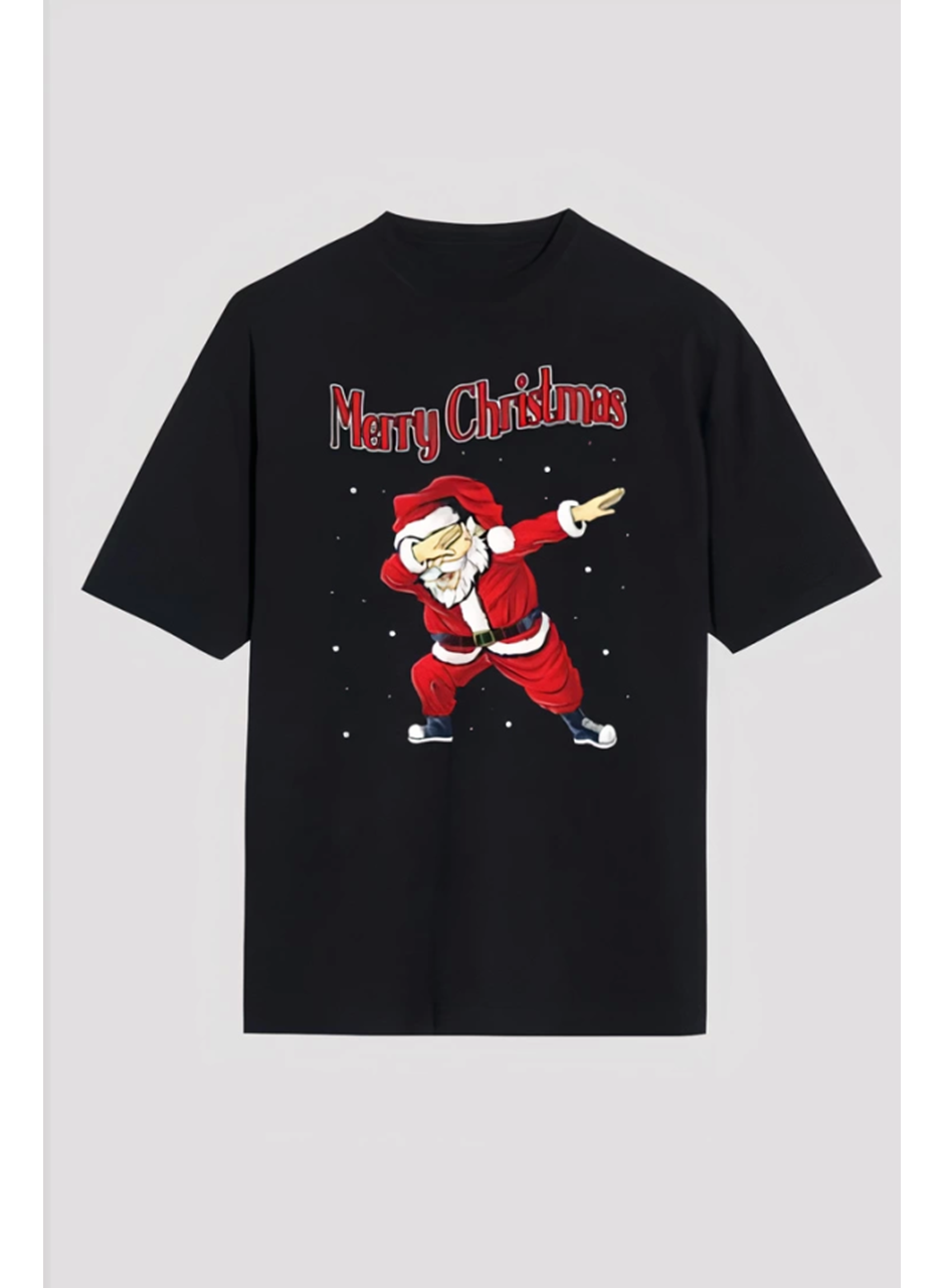 Merry Christmas Baskılı Noel Babalı T-shirt - Siyah