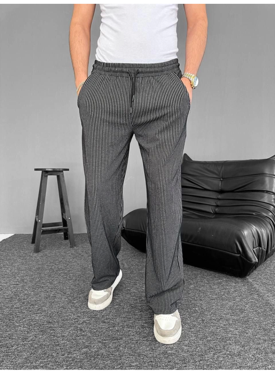Su Yolu Çizgili Cepli Pantalon - Siyah