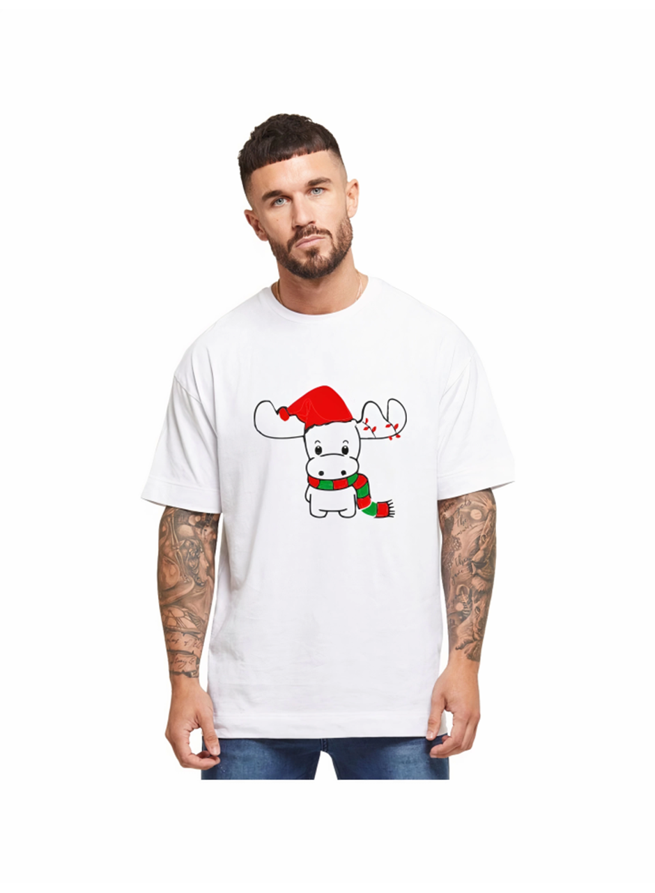 Ren Geyiği Baskılı Noel İçin T-shirt - Beyaz