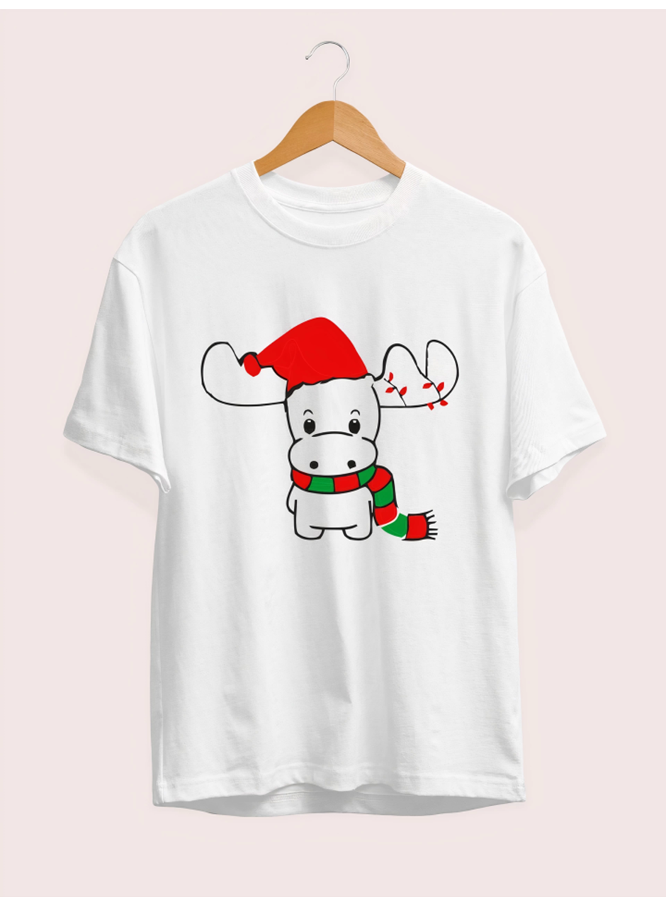 Ren Geyiği Baskılı Noel İçin T-shirt - Beyaz