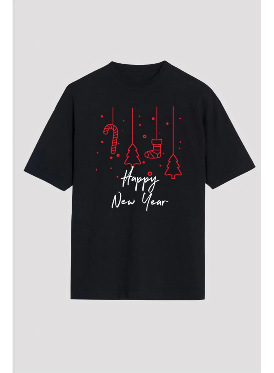 Happy New Year Baskılı T-shirt - Siyah