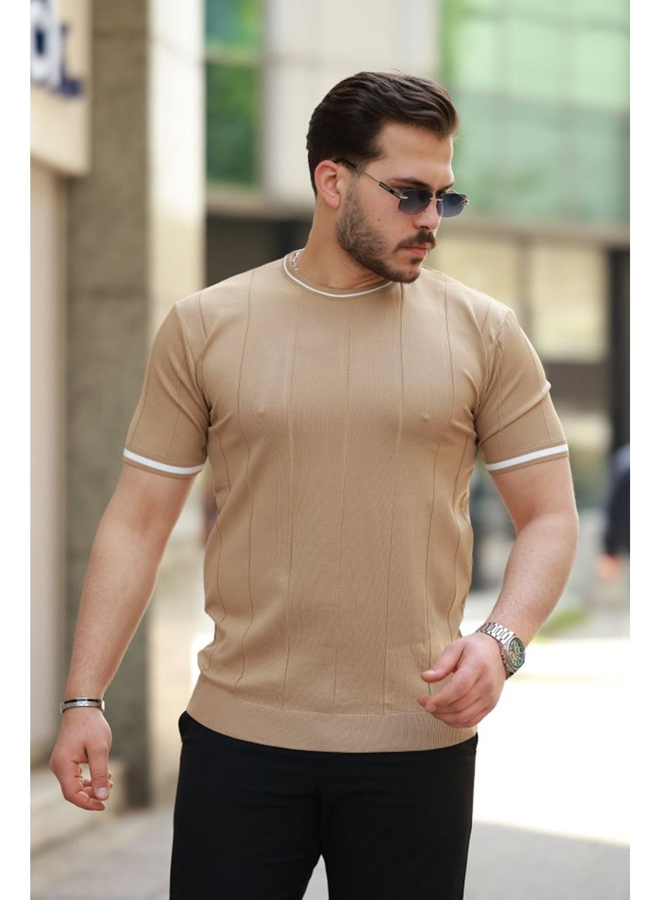 Erkek Bisiklet Yaka çizgi Desenli Ribanalı Kısa Kollu Tshirt