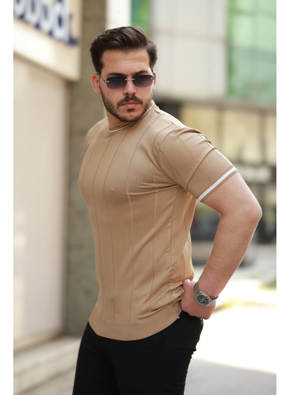 Erkek Bisiklet Yaka çizgi Desenli Ribanalı Kısa Kollu Tshirt