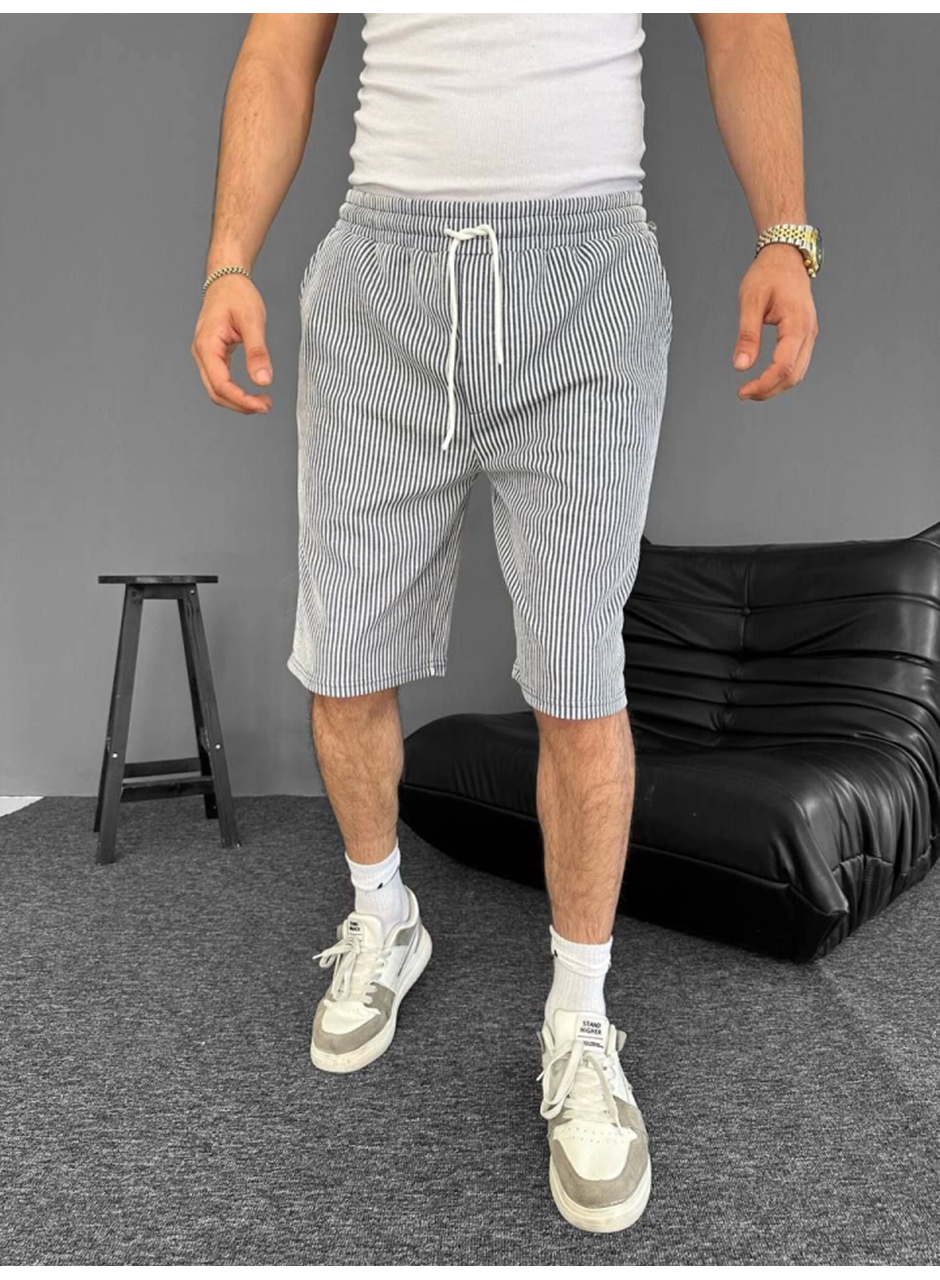 Su Yolu Çizgili Cepli Şort- Gri