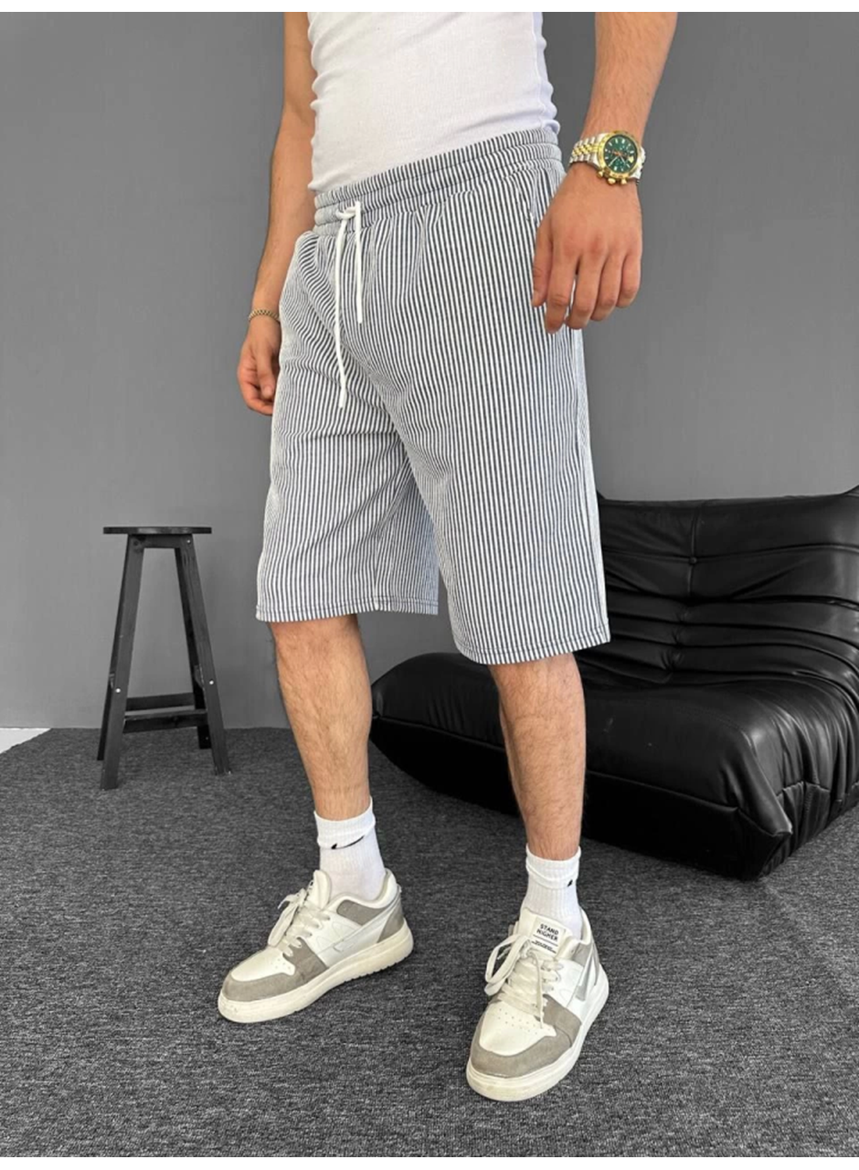 Su Yolu Çizgili Cepli Şort- Gri