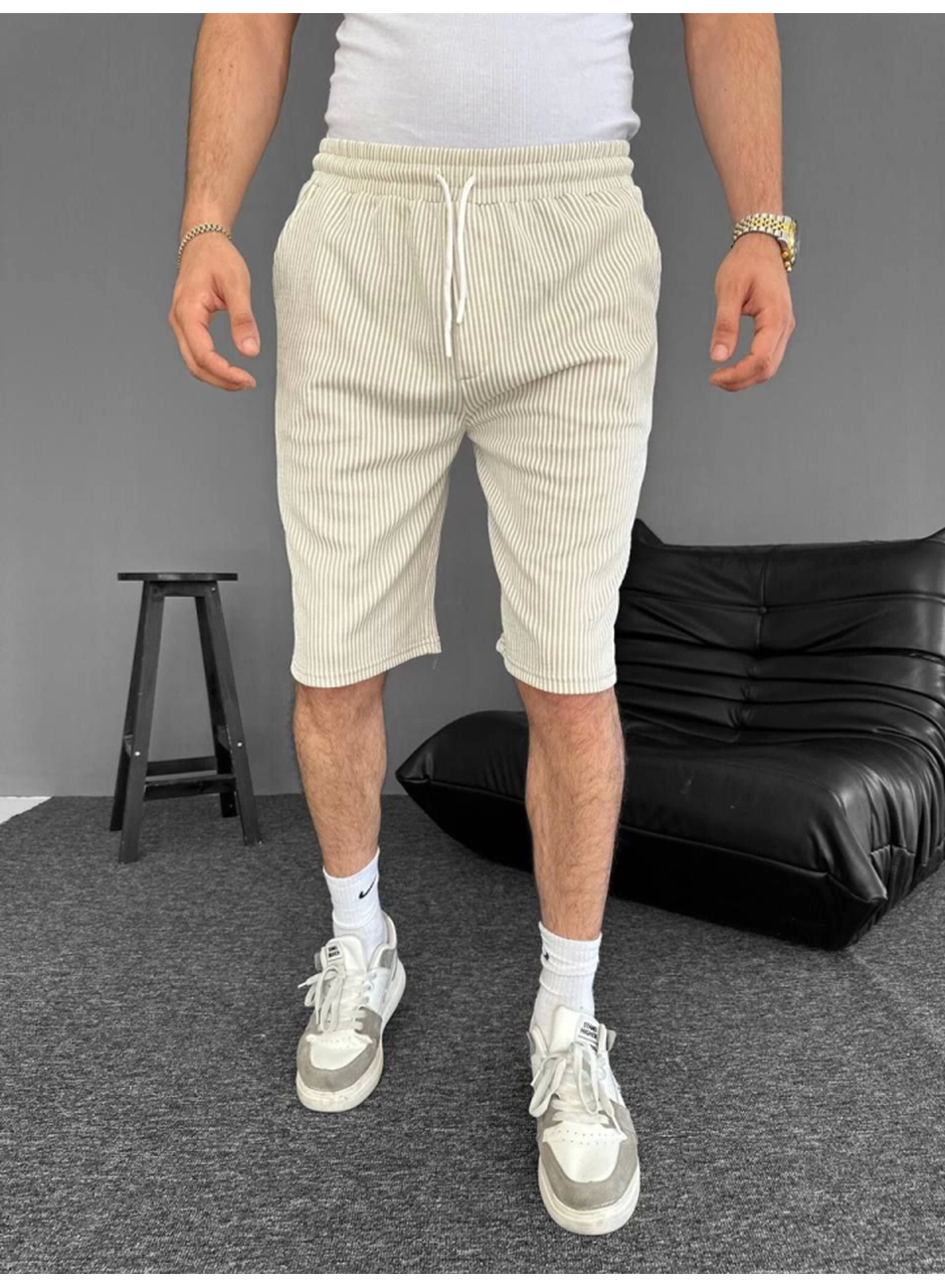 Su Yolu Çizgili Cepli Şort- Bej