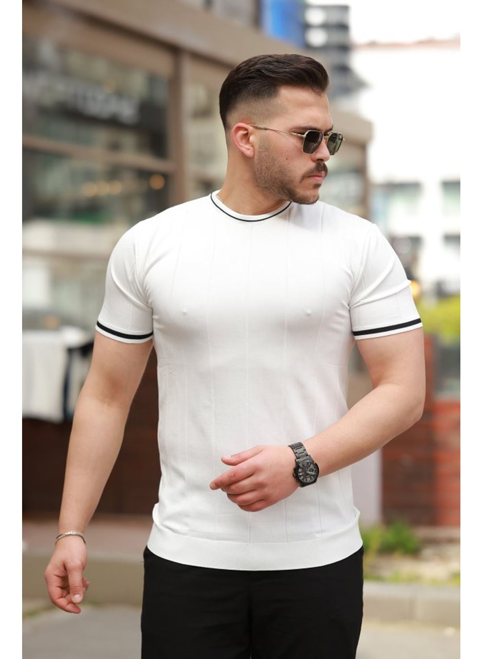 Erkek Bisiklet Yaka çizgi Desenli Ribanalı Kısa Kollu Tshirt