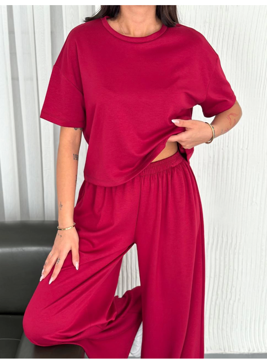 Osy Modal Yumuşak Dokulu Kumaş Bisiklet Yaka T-shirt Bol Paça Pantalon Ikili Takım -Bordo