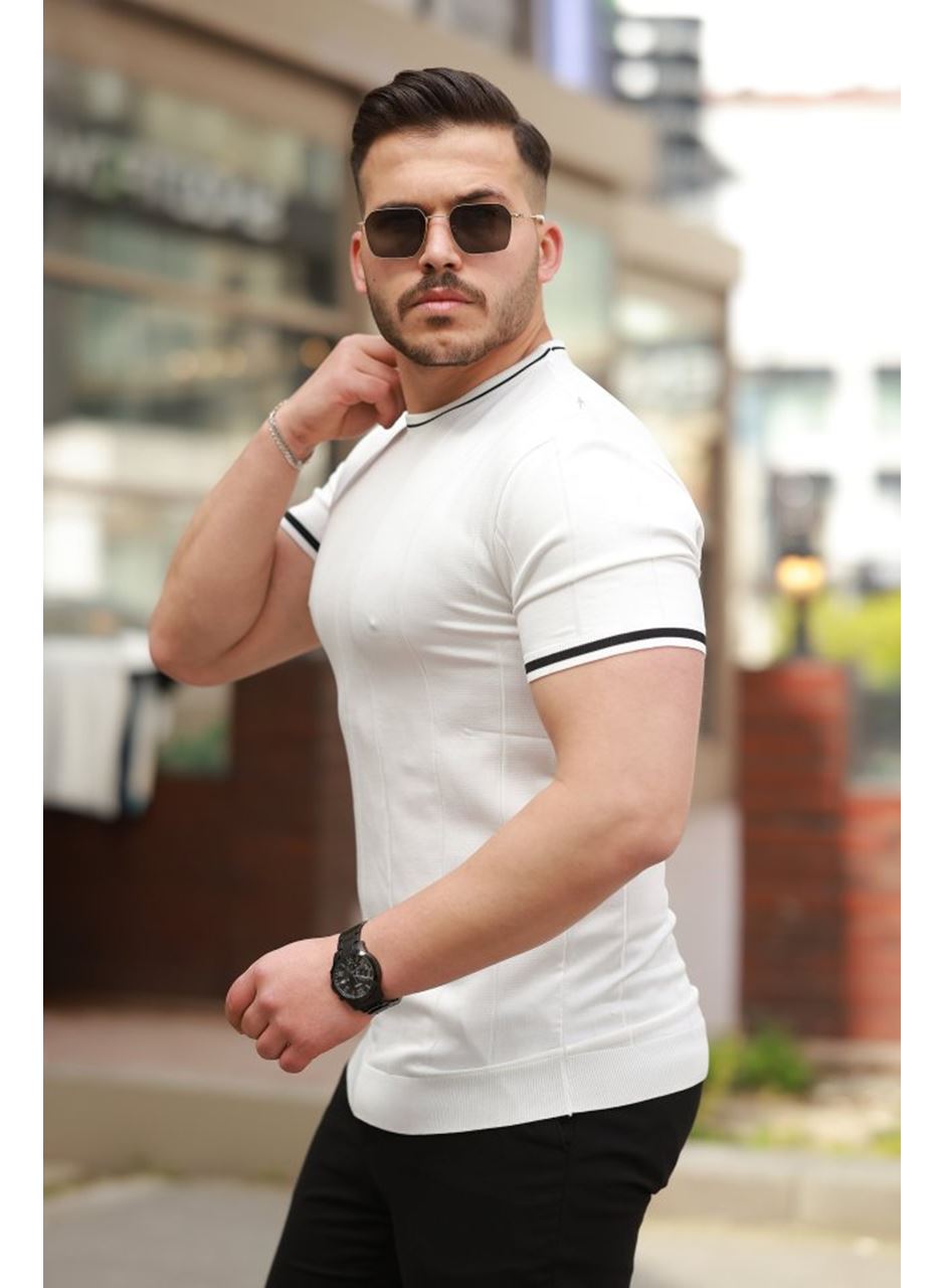 Erkek Bisiklet Yaka çizgi Desenli Ribanalı Kısa Kollu Tshirt