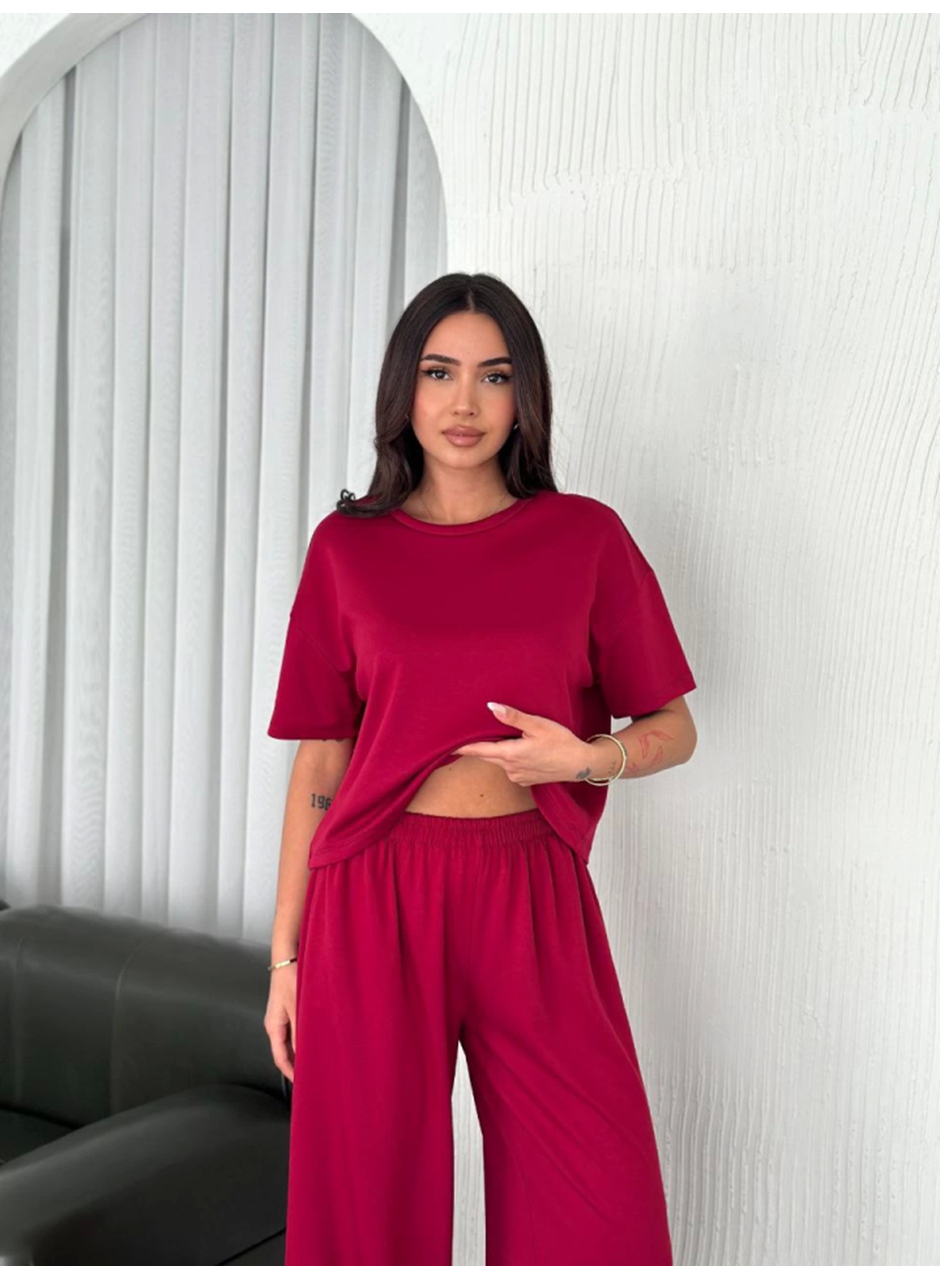 Osy Modal Yumuşak Dokulu Kumaş Bisiklet Yaka T-shirt Bol Paça Pantalon Ikili Takım -Bordo