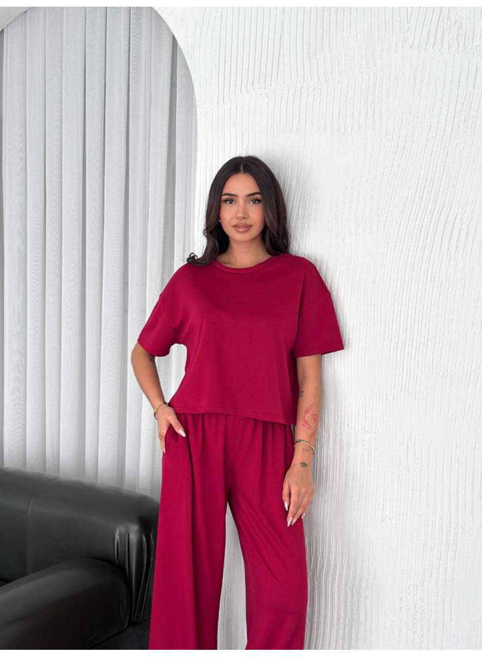 Osy Modal Yumuşak Dokulu Kumaş Bisiklet Yaka T-shirt Bol Paça Pantalon Ikili Takım -Bordo