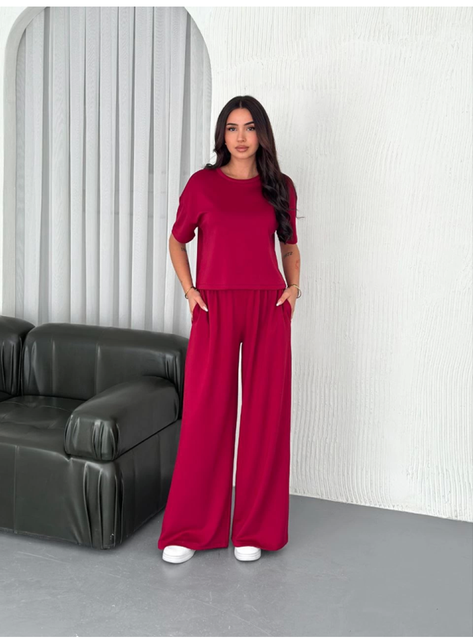 Osy Modal Yumuşak Dokulu Kumaş Bisiklet Yaka T-shirt Bol Paça Pantalon Ikili Takım -Bordo