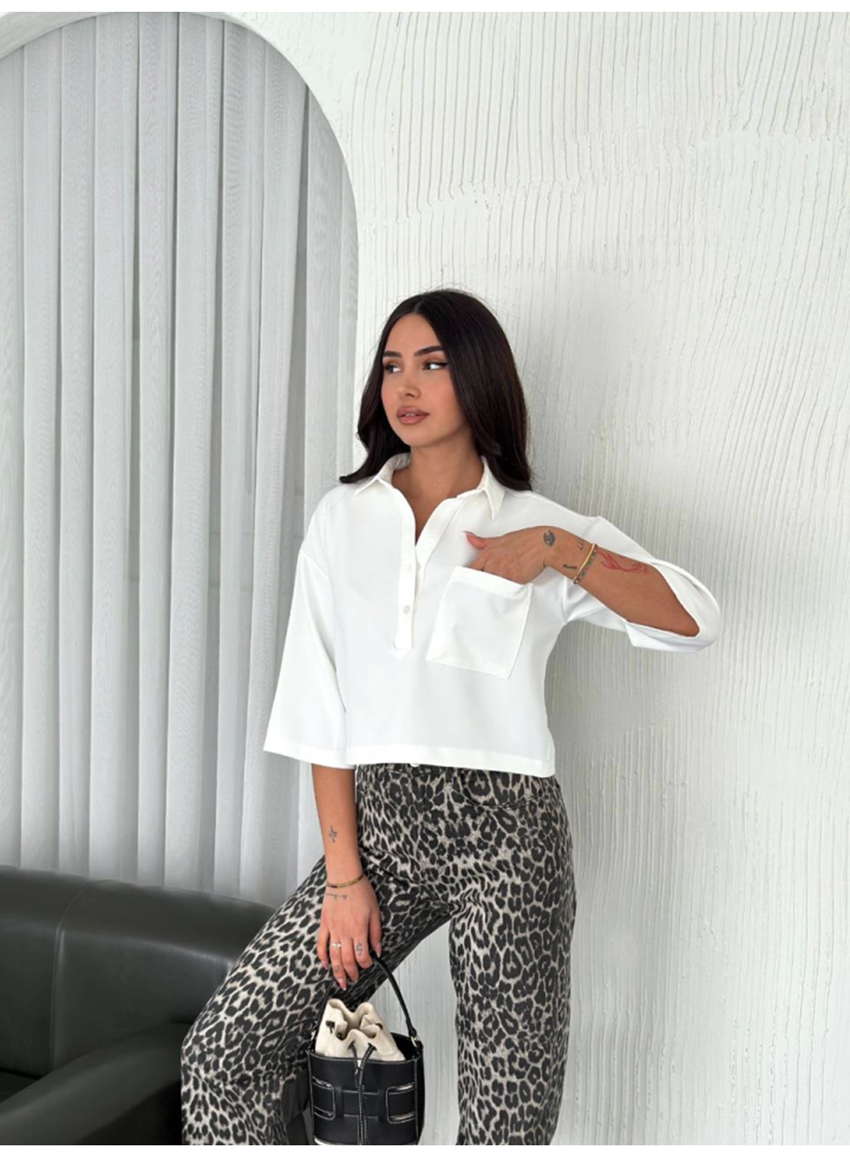 Crop Yakalı Gömlek Üç Çeyrek Sleeve Kol - Beyaz