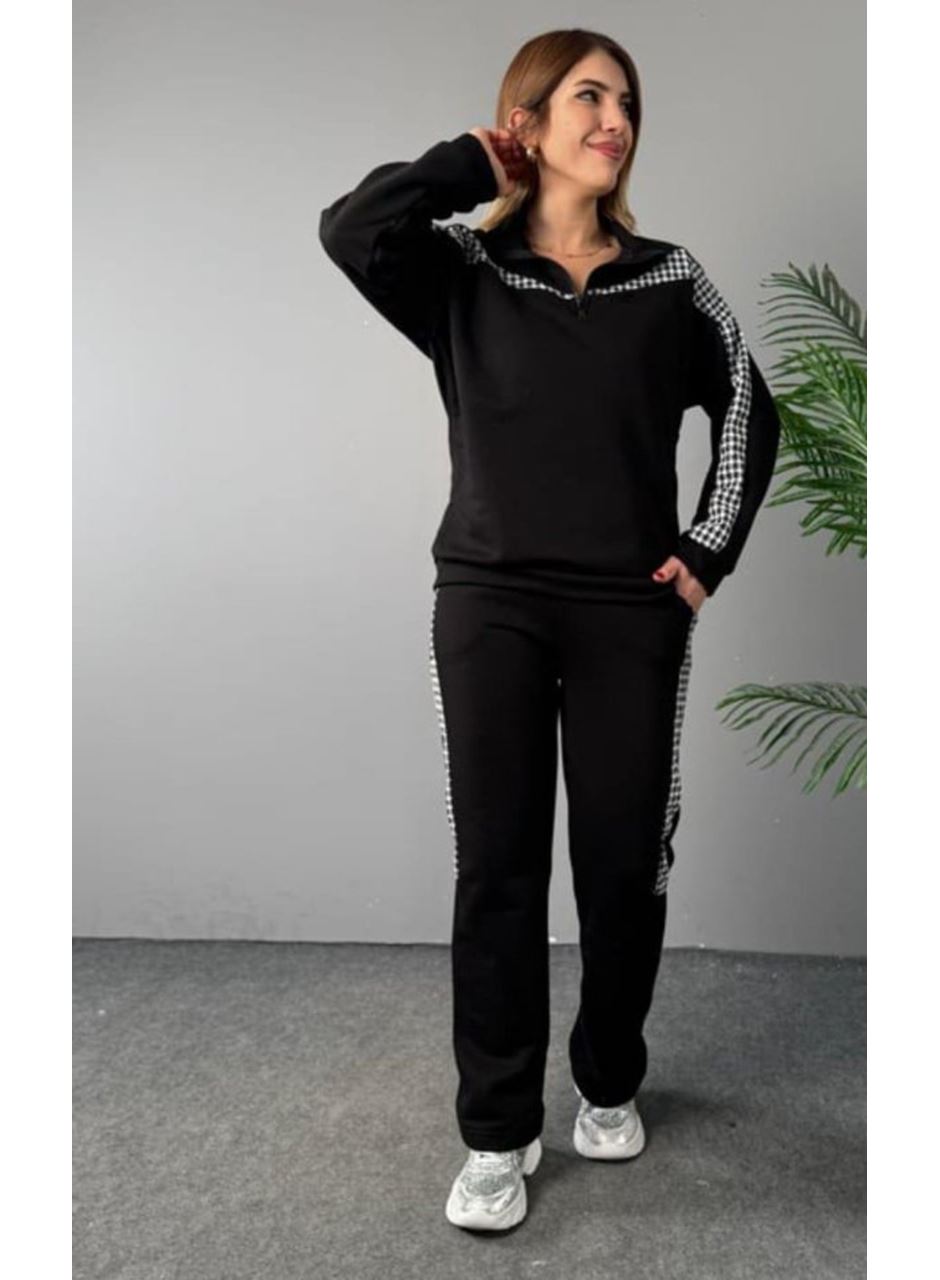 Kadın Fermuar Ve Ekose Detay Sweatshirt Ve Pantolon üç Iplik Kumaş Ikili Takım