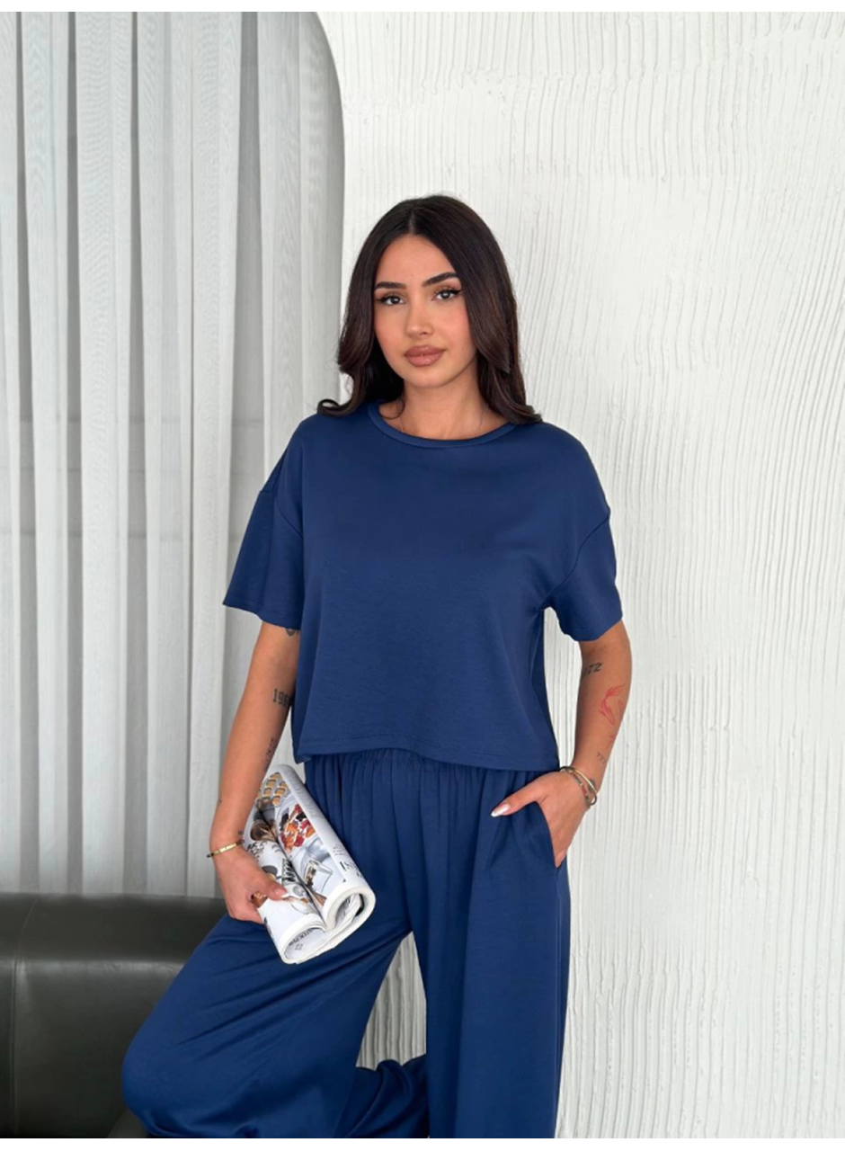 Osy Modal Yumuşak Dokulu Kumaş Bisiklet Yaka T-shirt Bol Paça Pantalon Ikili Takım -Saks Mavi