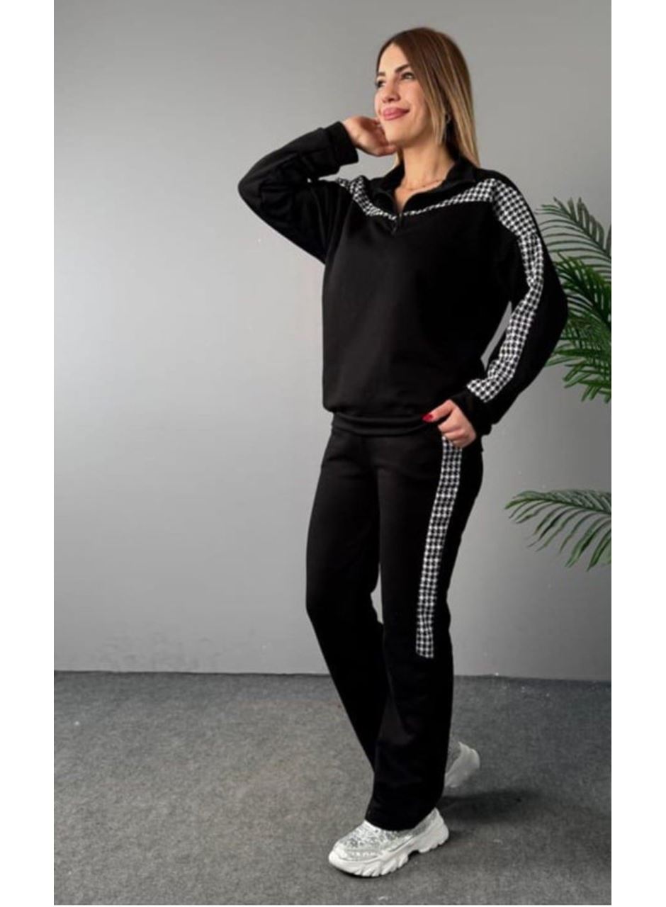 Kadın Fermuar Ve Ekose Detay Sweatshirt Ve Pantolon üç Iplik Kumaş Ikili Takım