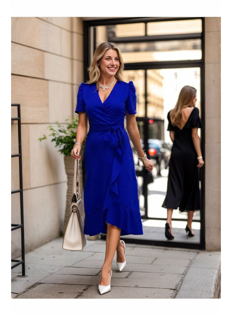 Kadın Kruvaze Yaka Midi Boy Kuşaklı Krep Elbise 120 Cm